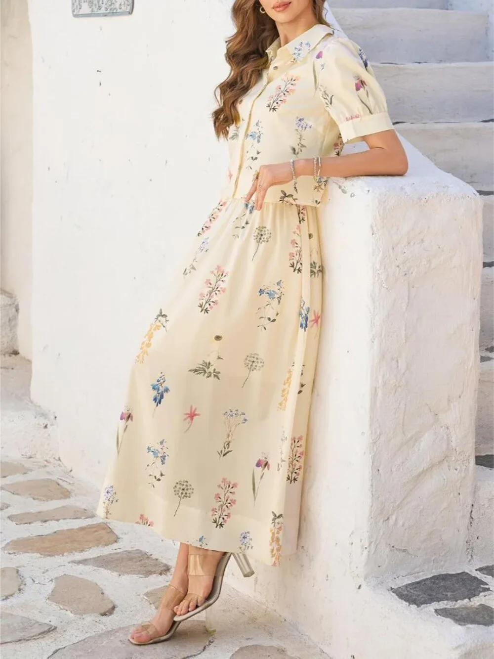 Womens 2 Piece Floral Skirt Sets Puff Sleeve Blouse and Elastic Waist Matching S